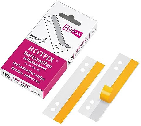 VELOFLEX 2002000 - HEFTFIX Heftstreifen, Abheftstreifen, 105 mm lang, 50er SB-Packung, selbstklebend, glasklar