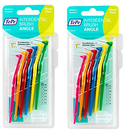 Two Packs Tepe Angle interdental Brushes Assorted Pack. Includes Colours Pink, Orange, red, Blue, Yellow, Green. in Sizes 0.4mm, 0.45mm, 0.5mm, 0.6mm, 0.7mm, 0.8mm. Mixed Pack