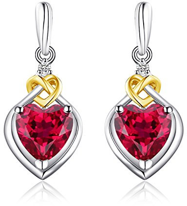 JewelryPalace Ohrhänger mit Synthetisch Hergestelltem Rotem 3,42ct Schmuckstein in Herzform und 18 Karat Gelbgold plattiertem Liebesknoten für Frauen, Ohrstecker Silber 925 Damen, Edelstein Mädchen