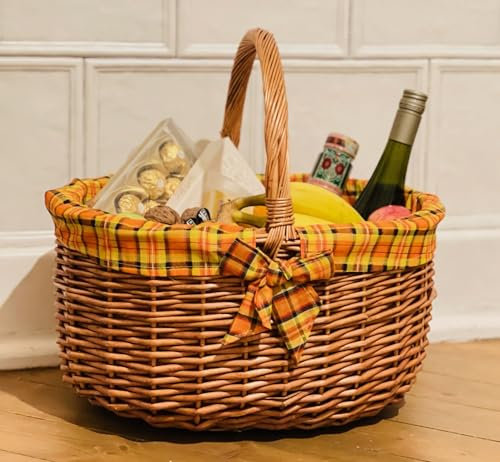 Dekoleidenschaft großer Einkaufskorb aus Weide, Bügelkorb mit Karierter Textileinlage, Weidenkorb aus Vollweide, Picknickkorb, Tragekorb, Flechtkorb (gelb-orange)