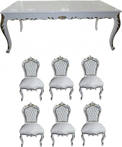 Casa Padrino Barock Esszimmer Set Weiß/Weiß/Gold - Esstisch + 6 Stühle - Möbel Antik Stil