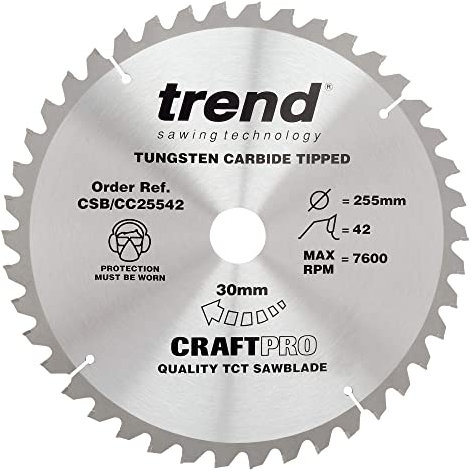 Trend Wood Mitre Saw Blade, 255mm Diameter, 30mm Bore, 42 Teeth, 2.4mm Kerf, -5° Hook, TCT, Fine Finish, CSB/CC25542