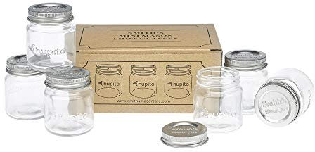 Smiths Mason Jars Glass Chupitos 6 Pack of 2oz or 60ml per Shot Glasses with Lids Ideal Herbs and Spices Storage, Preserving Jars, Wedding Favors and sauces