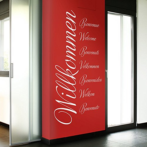Grandora Wandtattoo Wort Willkommen in 8 Sprachen I weiß (BxH) 58 x 117 cm I Flur Diele selbstklebend Aufkleber Wandaufkleber Wandsticker Sticker W3014