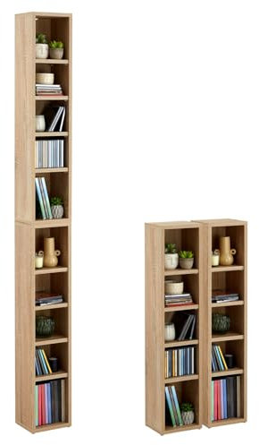 CARO-Möbel CD DVD Blueray Regal Chart in Sonoma Eiche – Zweiteiliges Medienregal, Aufbewahrung, CD-Ständer mit 10 Fächern für bis zu 160 CDs, 20x187 cm (B x H)