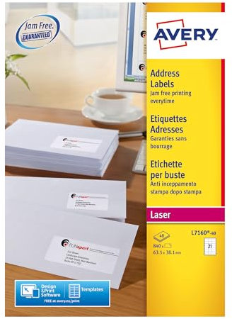 Avery Selbstklebende Adress-Versandetiketten (Amazon FBA-Barcode-Etiketten), Laserdrucker, 21 Etiketten pro A4-Blatt, 840 Etiketten, UltraGrip (L7160), weiß