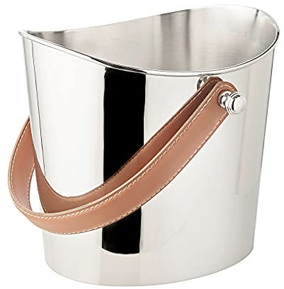 EDZARD Weinkühler Gilbert, Edelstahl glänzend vernickelt, brauner Ledergriff, Höhe 23 cm, Flaschenkühler, Sektkühler, Getränkekühler, Farbe Silber, Barzubehör