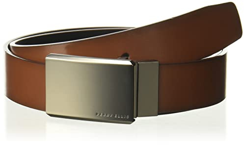Perry Ellis Portfolio Men's Reversible Matte Gunmetal Plaque Belt, Brown/black, 40