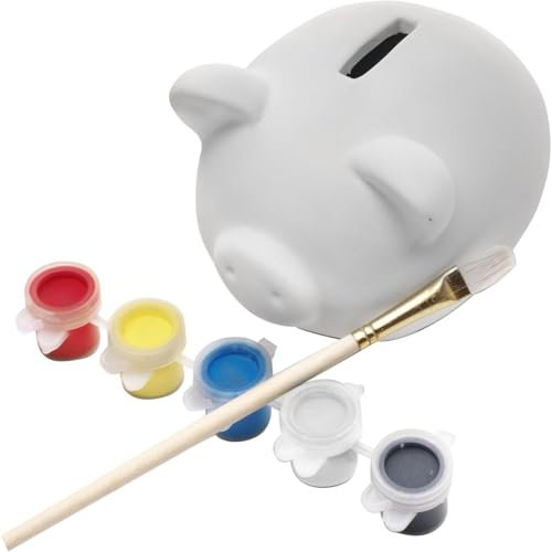 Sparschwein Spardose Piggybank aus keramischen Gips zum Selbst Bemalen inkl. 5 Farben und Pinseln - Bastelspaß für Kinder und Erwachsene Kindergeburtstag die ganze Familie