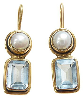 Stilvolle Topas-Ohrringe Topaz blau echte Süßwasser-Perle Hänger Haken verschließbar Silber vergoldet Retro Vintage Unikat Handarbeit aus Italien