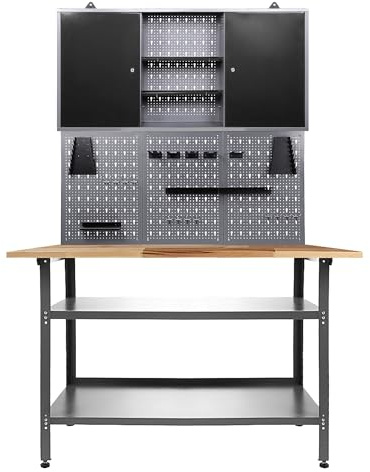 Ondis24 Werkstatteinrichtung 120 cm Werkbank Nobbi, Metall, Lochwand mit Hakensortiment, 1 Werkstattschrank (Arbeitshöhe 85 cm, Schwarz)