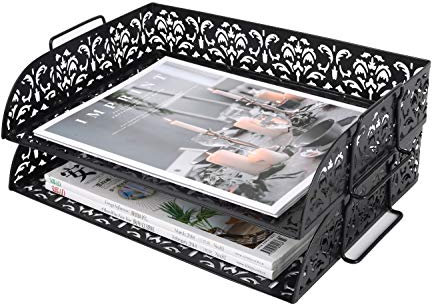 Stapelbare Briefablage mit gestanztem Blumenmotiv, 2 Etagen schwarz