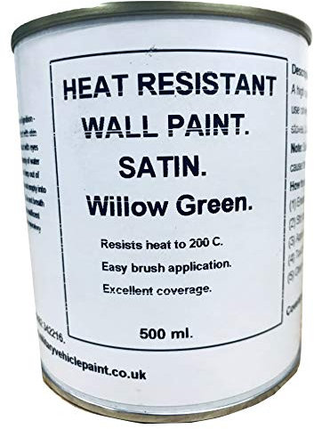 1 x 500ml Satin Willow/Light Green Heat Resistant Wall Paint. Wood Burner Stove Alcove. Brick, Concrete, Plaster, Cement Board, Rendering, Metal, Timber etc.