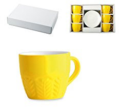 H&H Set 6 Tazze 130 CC Confezione 6 Tazzine caffè New Bone China con Piatto Giallo Cc130, 130 ml