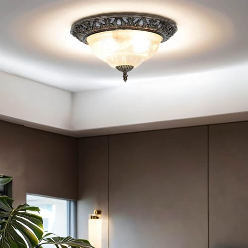 Licht-Erlebnisse Deckenleuchte in Messing antik gländend Jugendstil 2xE14 bis zu 60 Watt 230V aus Metall & Glas Schlafzimmer Küche Esszimmer Lampe Leuchten Beleuchtung innen
