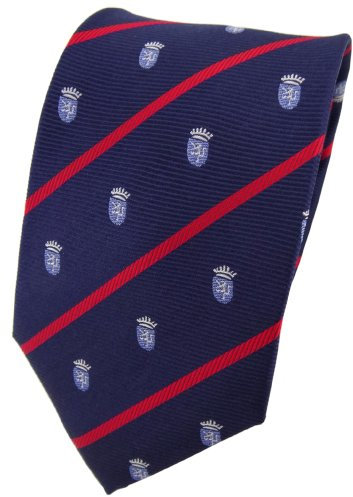 TigerTie Designer Seidenkrawatte in blau silber dunkelblau rot gestreift mit Wappen