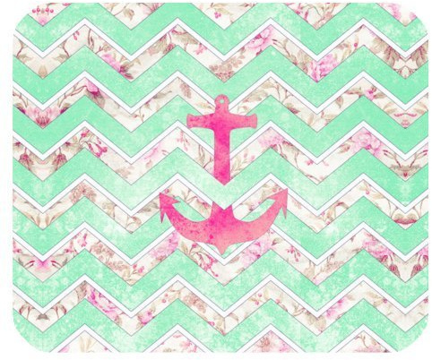 Girly Mint Pink Floral Chevron Zigzag Pattern with Anchor Gaming Mouse Pad Mat Mousepad with Non-Slip Rubber Backed