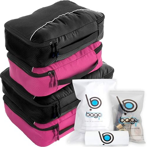 bago 7 Packwürfel für Reisen – 4 Packwürfel mit 3 Reißverschlusstaschen – Reisewürfel für maximale Lagerung, spart Zeit und Mühe beim Verpacken, 2 x Schwarz + 2 x Rosa, 4pcs Set, PCN-2Schwarz + 2 Rosa