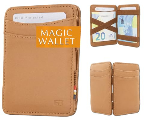 GARZINI Flacher Geldbeutel Fuer Herren aus Leder, Magic Wallet mit RFID-Schutz, Geldboerse mit Platz Fuer 8 Karten, Cognac