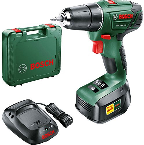 Bosch PSR 1800 LI-2 Cordless Lithium-Ion Drill Driver Featuring Syneon Chip, 1.5 Ah (with 1 x 18 V Battery)