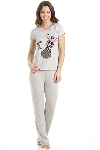 Camille Womens Zebra Motif Full Length Pyjama Set - Ladies Supersoft Lightweight & Breathable Pyjama with Elasticated Waist for Comfort and Style Grey 18-20