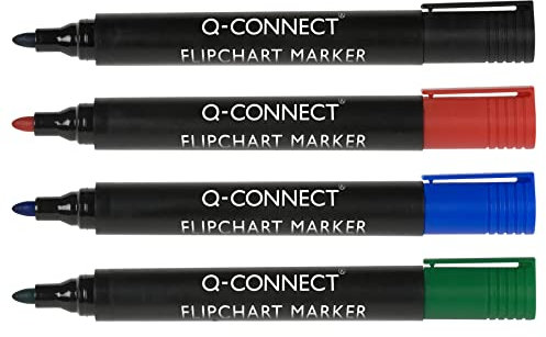 Q-CONNECT Flipchartmarker/rund/blickdicht/für Poster/für Präsentationen/trocknet nicht aus/recycelt/ergonomisch/effizient/praktisch / 4 Stück in einer Packung/Farbe: Mix
