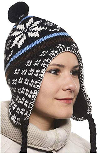Peruanische Mütze Chullo Ch'ullu mit Bommel, Unisex, Herren/Damen, Farben zur Auswahl, Schwarz , One size