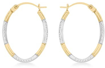 CARISSIMA Women's 9ct 2 Colour Gold Diamond Cut Oval Creole Earrings