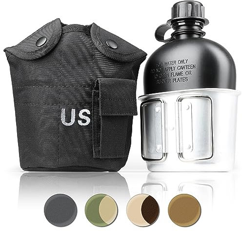 Ganzoo Feldflasche 1 Liter inkl. Trinkbecher (Kochbehälter) aus Aluminium, Bundeswehr-Flasche/Alu Travel Bottle + Stofftasche in Schwarz