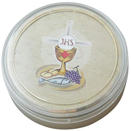 MaMeMi ROSENKRANZ- UND HOSTIENDOSE MIT KELCH & IHS-SYMBOL – Ø 6,5 cm – Praktische Dose zur KOMMUNION – Aufbewahrungsbox für Rosenkranz oder Hostien – Geschenkverpackung