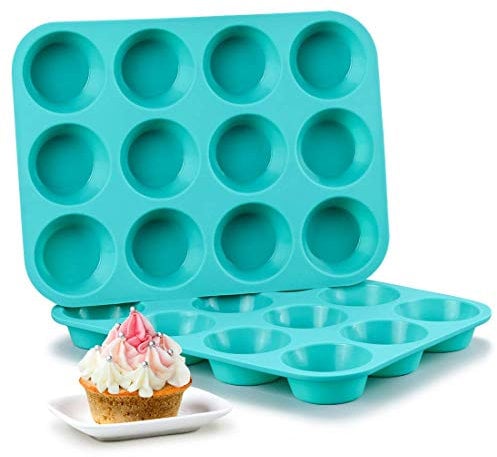 Keraiz ST-51301, 12 Cup Silicon / Silicone Muffin Tray Cupcake Cake Cases, moulds. Available in assorted colours in pink, blue or red 6.8 x 3 x 5 cms