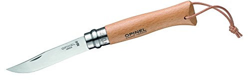 OPINEL-Messer Nr. 8, rostfreier Sandvik-Stahl 12C27, naturfarbener Buchenholzgriff, Lederriemen, Vir