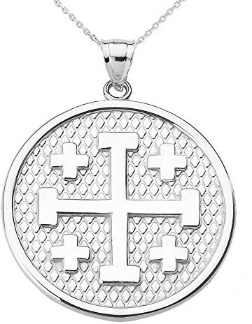 Damen Anhänger Halskette 14 Karat Weißgold Jerusalem Kreuz Runden (Kommt mit einem 45cm Kette)