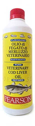 Pearson Purissimo Olio di Fegato Di Merluzzo Veterinario per Cani, Gatti, Cavalli e altri animali. Pelo lucido e Sano, Fonte di Vitamine e Omega3. Flacone 500ML.