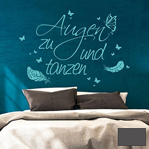 Wandtattoo Wandaufkleber Zitat Augen zu und tanzen mit Federn M1762 - ausgewählte Farbe: *Dunkelgrau* - ausgewählte Größe: *S - 60cm breit x 45cm hoch*