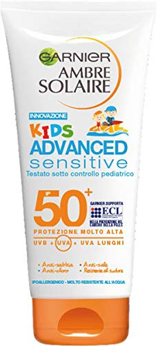 Garnier-ambre solaire advanced sensitive kids una protezione con filtri contro gli uva lunghi per pelli chiare, sensibili al sole.