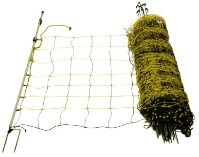 horizont Wolfsabwehrnetz - horinetz super - Schafnetz schwarz, gelb, Höhe 90cm / 120cm mit Übersprungerhöhung, Länge 50m, Doppelspitze 15 Pfähle, Schafzaun - perfekt für den Schutz Ihrer Schafe