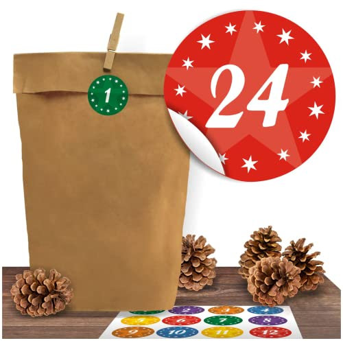 Adventino Adventskalender 24 Kraftpapiertüten mit 24 weihnachtlichen Aufklebern Kindermotive zum Verschließen als Weihnachts-Geschenktüte zum Basteln und Befüllen