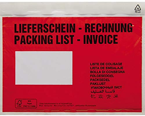 Dokumententasche DIN C5 rot Lieferschein-Rechnung, mehrsprachig mit Aufkleber 250 Stück/Packung 250 Stück