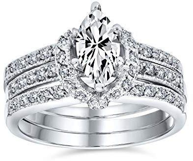 Ensemble de mariage en argent sterling .925 avec bague de déclaration d'anniversaire, bague de fiançailles, solitaire marquise halo avec incrustation de garde en zircone cubique 2CT, AAA CZ baguette.