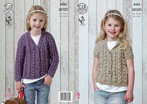 King Cole Girls Knitting Pattern Short or Long Sleeved Cable Detail Cardigans Big Value Aran (4434)
