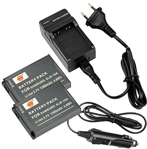 DSTE 2-pack Rechange Batterie et DC23E Voyage Chargeur Compatible pour Samsung SLB-10A P800 PL50 PL51 PL55 PL60 PL65 PL70 SL102 SL202 SL310 SL420 SL502 SL620 SL720 SL820 TL9 WB150F WB250F WB350F WB500