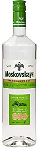Moskovskaya Osobaya Vodka - 100cl (1000ml / 1 L) - 38% Vol. - Destilada con ingredientes naturales - Idoneo para cócteles, chupitos o con hielo - Elaborado en Riga, Letonia (el embalaje puede variar)