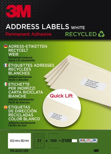 PRA21100 Quick Lift Adress-Etiketten recycelt für Inkjet, Laser, Kopierer, 63.5 x 38.1 mm, 2100 Etiketten