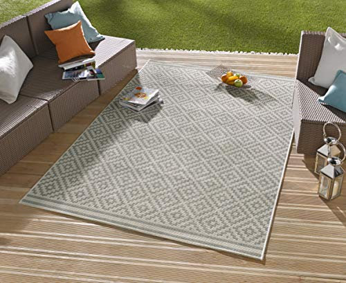 NORTHRUGS In- und Outdoor Teppich Raute 80x150cm - Wetterfest Modern Geometrisches Raute Muster Allover Design Läufer für Balkon Terrasse Garten Wintergarten Wohnzimmerteppich Wasserfest in Grau Creme
