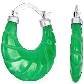 Jakobsmuschel Grüne Jade Echte Edelstein Geschnitzt Shell Shrimp Oval Grüne Jade Hoop Ohrringe Für Frauen .925 Sterling Silber 1,2 Zoll Durchmesser