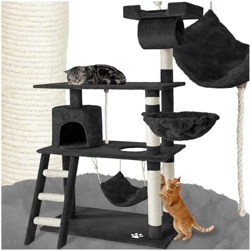 tectake Rascador para Gatos, 141cm, Árbol para Gatos multinivel, Torre para Gatos de Felpa y sisal, casa para Gatos con 4 Plataformas, Castillo Actividades Gatos, arranhador para Gatos - Negro