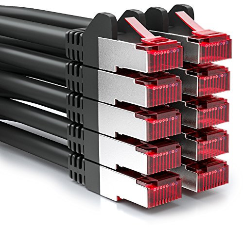 deleyCON 10x 1m Câble Patch CAT6 PIMF S/FTP un Blindage CAT-6 RJ45 Câble Réseau Câble Ethernet LAN DSL Routeur Modem Point D'Accès Patch Panels - Noir