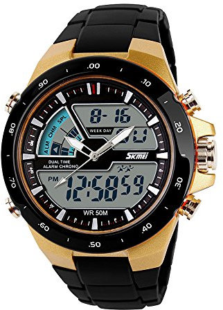 SKMEI Digital-Armbanduhr für Männer, Sport-Armbanduhr, mit LED-Hintergrundbeleuchtung, großes Zifferblatt, wasserabweisend, Militär-Stil, mit Wecker- und Stoppuhr-Funktion, Gold