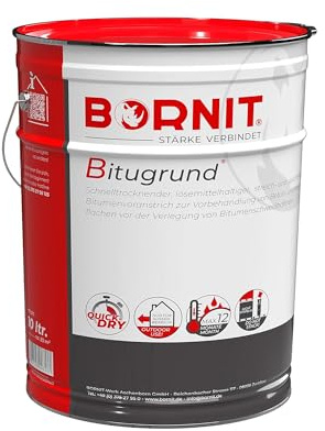BORNIT Bitugrund 10L Primer schnelltrocknend, Bitumen Grundierung | [geprüft EN15322] Tiefengrund lösemittelhaltig Haus Garage Vordach Gartenhaus Beton Mauerwerk Metall Dachpappe Tiefgrund Putz
